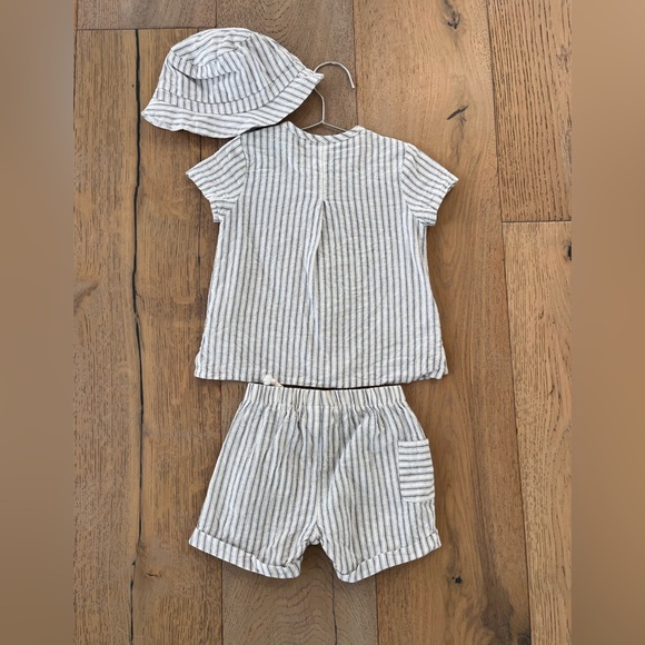 Mayoral 3 piece baby boy linen short set bucket hat striped neutral 12 months - Picture 8 of 12